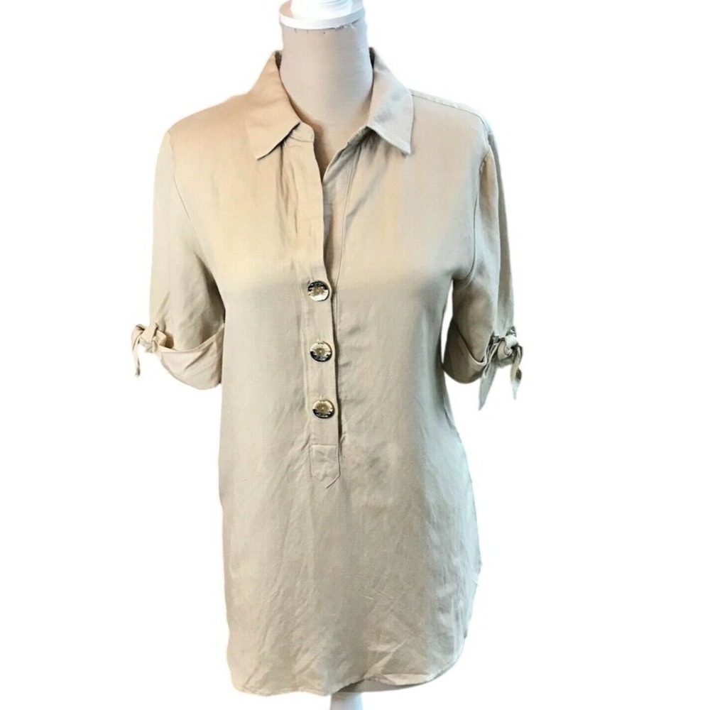 Philosophy Linen Tunic Top Button Down Tie Sleeve Collared Shirt Size Small‎ New